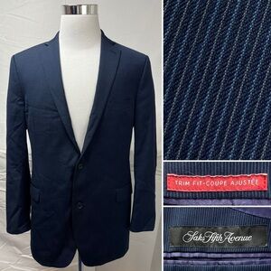 Saks Fifth Avenue Men's 42R Navy Blue Pinstripe Trim Fit Slim Blazer Jacket